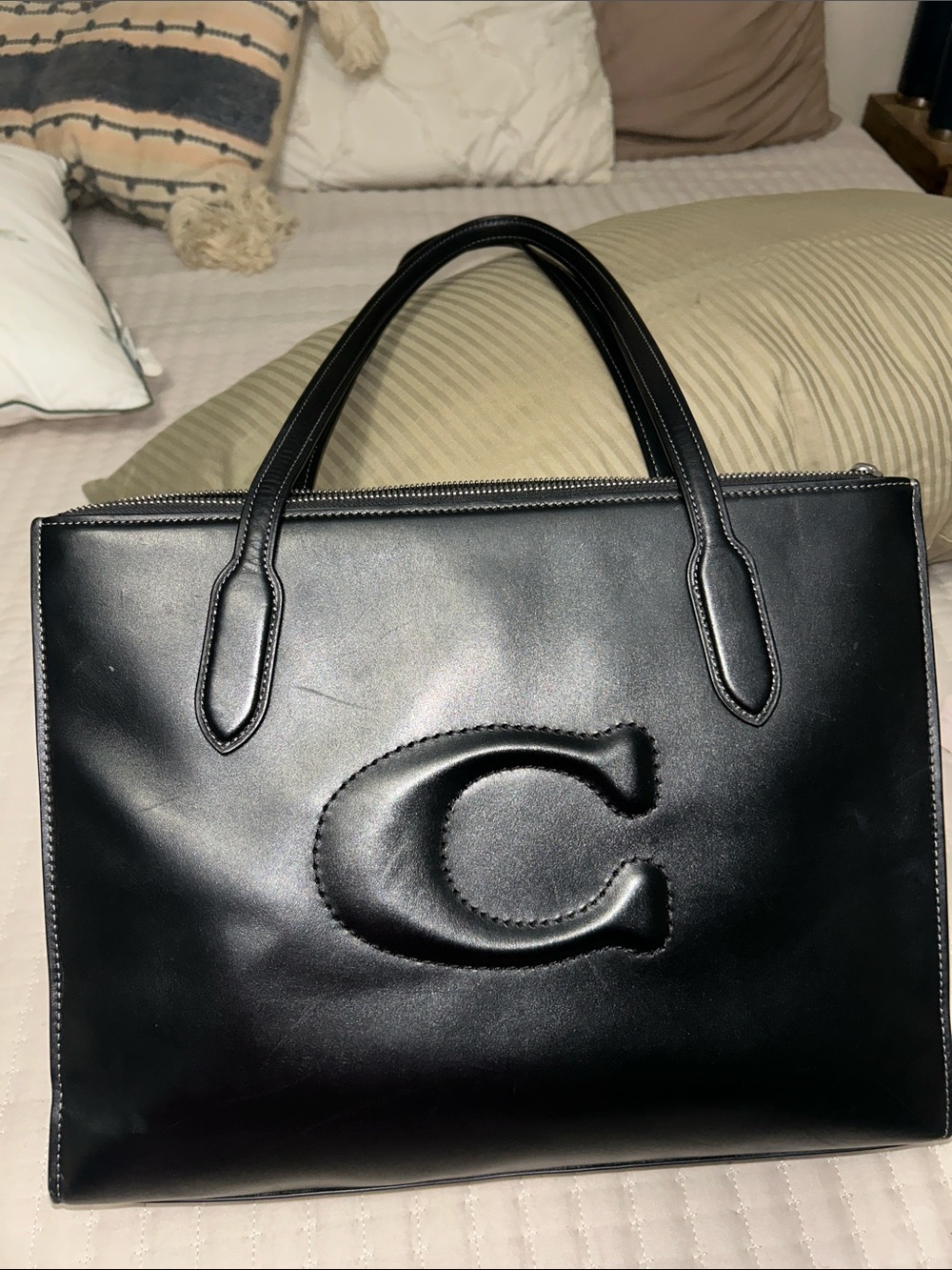 Coach Black Leather Tote with Embossed C Logo